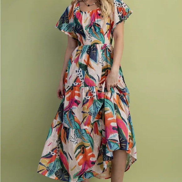 Vibrant Tropical Print Smocked Waist Boho Midi Dress - Picture 2 of 7
